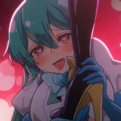 Rule 34 | 2girls, black footwear, blue gloves, blue hair, blush, boots, breasts, crying, crying with eyes open, drooling, gloves, groveling, heart, heart-shaped pupils, high heel boots, high heels, hiiragi utena, holding another&#039;s foot, large breasts, long hair, magia azure, magia baiser, magical girl, mahou shoujo ni akogarete, minakami sayo, mind break, multiple girls, neck ribbon, open mouth, pumps, red eyes, ribbon, saliva, shoes, simple background, sizuki belily, solo focus, symbol-shaped pupils, tears, thigh boots, tongue, tongue out, torogao, yuri