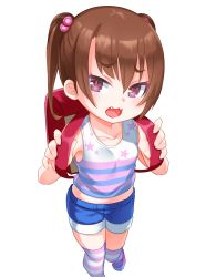 Rule 34 | 1girl, :3, backpack, bag, brown hair, child, collarbone, fang, hair between eyes, hair bobbles, hair ornament, highres, kirisame mia, looking at viewer, midriff, open mouth, original, purple eyes, randoseru, short shorts, shorts, solo, striped clothes, striped thighhighs, tank top, thighhighs, twintails