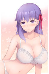 Rule 34 | 1girl, bare shoulders, bra, breasts, chacharan, cherry blossom print, cleavage, collarbone, fate/stay night, fate (series), floral print, groin, hair ribbon, highres, lace, lace-trimmed bra, lace trim, large breasts, lips, long hair, looking at viewer, matou sakura, navel, nipples, panties, purple eyes, purple hair, ribbon, see-through, smile, solo, underwear, underwear only, white bra, white panties