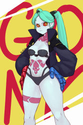 Rule 34 | 1girl, absurdres, artificial eye, artist name, black bra, black jacket, black panties, bra, colored sclera, colored skin, commentary, cyberpunk (series), cyberpunk edgerunners, green eyes, green hair, highres, jacket, leg tattoo, long hair, looking to the side, mechanical eye, mechanical hands, navel, neck tattoo, open clothes, open jacket, panties, pout, raichiyo33, rebecca (cyberpunk), red pupils, red sclera, simple background, solo, stomach tattoo, strapless, strapless bra, symbol-only commentary, tattoo, twintails, underwear, upper body, white skin