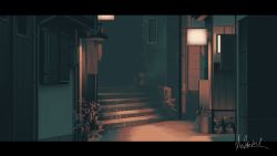 Rule 34 | bad id, bad pixiv id, building, commentary request, flower pot, hakuurei amano, highres, letterboxed, night, no humans, original, outdoors, plant, scenery, stairs, utility pole, watermark