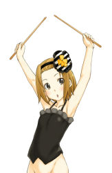 Rule 34 | 00s, 1girl, :o, armpits, arms up, bottomless, brown eyes, brown hair, camisole, don&#039;t say &quot;lazy&quot;, drumsticks, flat chest, groin, hairband, hamao, k-on!, short hair, simple background, solo, tainaka ritsu