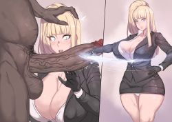 Rule 34 | 1girl, absurdres, birdie (street fighter), black gloves, black skirt, blonde hair, blue eyes, breasts, capcom, cleavage, crying, dark-skinned male, dark skin, erection, gloves, hand on another&#039;s head, hand on own hip, highres, huge breasts, huge penis, impossible clothes, kolin, large nipples, legs, long hair, looking at viewer, metal owl (aden12), open mouth, outstretched arm, panties, pantyshot, parted lips, penis, penis awe, ponytail, puffy nipples, scared, sequential, side ponytail, simple background, skirt, smile, snot, solo focus, speech bubble, standing, street fighter, street fighter v, tears, testicles, thighs, trembling, uncensored, underwear, veins, veiny penis