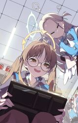 Rule 34 | 3girls, absurdres, blue archive, blue halo, blue vest, brown eyes, brown hair, closed eyes, commentary, drooling, english commentary, facing viewer, feathered wings, from below, glasses, halo, hand on own hip, highres, holding, indoors, long hair, low wings, miyu (blue archive), moe (blue archive), multiple girls, n sol, open mouth, shirt, short sleeves, sora (blue archive), twintails, two side up, vest, white shirt, wings, yellow halo