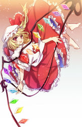 Rule 34 | 1girl, :d, bad id, bad pixiv id, barefoot, blonde hair, blush, crystal, dress, flandre scarlet, frilled dress, frills, hat, hat ribbon, laevatein, looking at viewer, mob cap, open mouth, puffy short sleeves, puffy sleeves, red dress, red eyes, red ribbon, ribbon, sash, short sleeves, side ponytail, smile, solo, touhou, wings, yuli (yulipo)