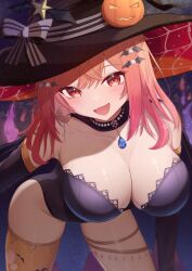 Rule 34 | absurdres, akuame (ring3922), bat hair ornament, breasts, cleavage, earrings, gold earrings, hair ornament, hairpin, halloween, halloween costume, hat, hat ornament, highres, hololive, hololive dev is, ichijou ririka, jewelry, large breasts, leaning forward, leotard, long hair, looking at viewer, open mouth, orange eyes, orange nails, pendant, pumpkin hat ornament, single earring, star (symbol), star hat ornament, thick thighs, thigh strap, thighhighs, thighs, virtual youtuber, witch hat