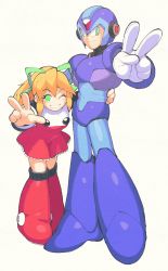 Rule 34 | 1boy, 1girl, android, arm around waist, armor, blonde hair, boots, closed mouth, commentary, dress, frilled dress, frills, full body, gloves, green eyes, green ribbon, hair ribbon, helmet, high ponytail, highres, inkerton-kun, looking at viewer, mega man (classic), mega man (series), x (mega man), mega man x (series), one eye closed, ponytail, red dress, ribbon, robot, roll (mega man), smile, symbol-only commentary, v, white gloves