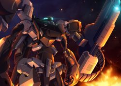 Rule 34 | blue eyes, clenched hand, embers, explosion, fire, gamiani zero, glowing, glowing eyes, highres, looking up, mark vier, mecha, no humans, robot, science fiction, shoulder cannon, solo, soukyuu no fafner