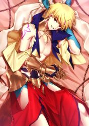 Rule 34 | 1boy, arabian clothes, armor, bare shoulders, beads, blonde hair, chietori, cropped vest, earrings, fate/grand order, fate (series), gilgamesh (fate), gilgamesh (caster) (fate), gloves, hat, jewelry, looking at viewer, lying, male focus, pectorals, red eyes, seductive smile, topless male, short hair, smile, solo, tattoo, vest