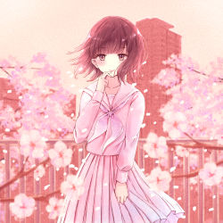 Rule 34 | 1girl, blunt bangs, blush, brown eyes, brown hair, building, cherry blossoms, city, closed mouth, cowboy shot, day, finger to mouth, flat chest, hand up, highres, lips, looking at viewer, medium skirt, nagidango, neckerchief, original, outdoors, pink neckerchief, pink sailor collar, pink shirt, pink skirt, pink theme, pleated skirt, railing, sailor collar, shirt, short hair, skirt, solo, spring (season), standing