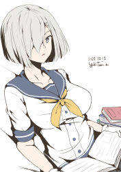 Rule 34 | 1girl, blue eyes, blue sailor collar, book, breasts, commission, dated, gloves, hair ornament, hair over one eye, hairclip, hamakaze (kancolle), highres, kantai collection, large breasts, looking at viewer, neckerchief, sailor collar, school uniform, serafuku, short hair, signature, simple background, sitting, solo, taira yuuki, upper body, white background, white gloves, white hair, yellow neckerchief