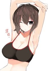 Rule 34 | 10s, 1girl, armpits, arms behind head, arms up, black eyes, breasts, brown hair, commentary request, girls und panzer, large breasts, looking at viewer, muteki soda, nishizumi maho, one eye closed, short hair, simple background, solo, sports bra, upper body, white background