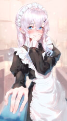 Rule 34 | 1girl, absurdres, alternate costume, apron, black dress, blue eyes, blush, collared shirt, crossed bangs, dress, ear blush, enmaided, eshineko, feet out of frame, fingernails, frilled apron, frilled dress, frills, hair between eyes, hair ornament, hairclip, hand on own cheek, hand on own face, highres, indoors, jewelry, juliet sleeves, layered clothes, long hair, long sleeves, looking at viewer, maid, maid apron, original, puffy sleeves, shirt, sidelocks, sleeve cuffs, smile, solo, waist apron, white hair