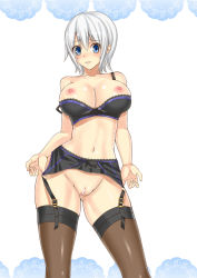 Rule 34 | 1girl, blue eyes, blush, bra, bra pull, breasts, censored, clothes pull, fairy tail, garter belt, garter straps, large breasts, lingerie, lisanna strauss, looking at viewer, midriff, navel, nipples, no panties, pussy, short hair, simple background, solo, thighhighs, underwear, white hair, xsorax812