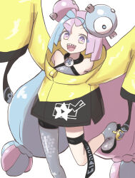 Rule 34 | 1girl, :d, bike shorts, boots, bow-shaped hair, character hair ornament, commentary request, creatures (company), game freak, giga rou, grey footwear, grey shirt, hair ornament, highres, iono (pokemon), jacket, leg up, long hair, long sleeves, looking at viewer, multicolored hair, nintendo, open mouth, pantyhose, pokemon, pokemon sv, shirt, simple background, sleeveless, sleeveless shirt, sleeves past fingers, sleeves past wrists, smile, solo, teeth, thigh strap, tongue, twintails, two-tone hair, upper teeth only, white background, yellow jacket