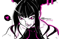 Rule 34 | 1girl, black hair, blood, capcom, crybringer, drill hair, halterneck, halterneck, han juri, heart, licking lips, monochrome, nosebleed, smile, solo, street fighter, street fighter iv (series), tongue, tongue out, traditional media, twin drills, upper body