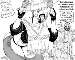 Rule 34 | 1boy, 1girl, absurdres, angel (kof), ass, bb (baalbuddy), bent over, breasts, cactus, chaps, cleavage, collarbone, commentary, coomer (meme), english commentary, english text, fingerless gloves, gloves, greyscale, hair over one eye, hat, highres, jacket, large breasts, leather, leather jacket, meme, mexican clothes, mexico, monochrome, open mouth, short hair, sombrero, speech bubble, the king of fighters, thighs