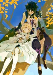 Rule 34 | 1boy, 1girl, arm tattoo, arm up, armor, bare shoulders, black gloves, black pants, blonde hair, blue sky, couple, dress, genshin impact, ginkgo leaf, gloves, green hair, hetero, highres, holding, holding jewelry, holding necklace, jewelry, lap pillow, leaf, looking down, lumine (genshin impact), lying, n.s.egg, necklace, on back, on tree, outdoors, pants, pauldrons, pearl necklace, shirt, shoulder armor, single bare shoulder, single pauldron, sitting, sky, sleeveless, sleeveless dress, tattoo, thighhighs, white dress, white shirt, white thighhighs, xiao (genshin impact), yellow eyes