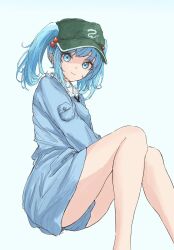 Rule 34 | 1girl, bare legs, blue eyes, blue hair, blue jacket, blue panties, blue skirt, closed mouth, commentary, eyelashes, feet out of frame, flat cap, from side, green hat, hair between eyes, hair bobbles, hair ornament, hat, highres, jacket, kashiwada kiiho, kawashiro nitori, knees together feet apart, legs, long sleeves, looking at viewer, medium hair, panties, simple background, sitting, sketch, skirt, smile, solo, thighs, touhou, tsurime, underwear, white background