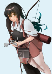 Rule 34 | 1girl, a6m zero, absurdres, akagi (kancolle), blue background, bow (weapon), brown eyes, brown gloves, brown hair, dutch angle, echo-kilo, from above, gloves, hakama, hakama short skirt, hakama skirt, highres, japanese clothes, kantai collection, long hair, looking at viewer, looking up, muneate, partially fingerless gloves, partly fingerless gloves, quiver, red hakama, red skirt, simple background, single glove, skirt, smile, solo, straight hair, tasuki, weapon, yugake