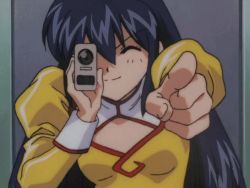 Rule 34 | 1990s (style), 1girl, agent aika, aika (series), animated, animated gif, black hair, breasts, camera, cleavage cutout, clothing cutout, delmo, dress, female focus, golden delmo, happy, latex, legs, long hair, recording, retro artstyle, rie petoriyacowa, short dress, skirt, smile