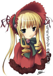 Rule 34 | 00s, 1girl, blonde hair, bonnet, drill hair, kantoku, looking at viewer, open mouth, rozen maiden, shinku, signature, solo, text focus, translated