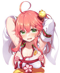 Rule 34 | 1girl, ahoge, armpits, arms behind head, arms up, bell, breasts, collarbone, detached sleeves, dodome-iro mayonnaise, green eyes, hair ornament, hairclip, hololive, japanese clothes, jingle bell, large breasts, long hair, miko, open mouth, presenting armpit, red hair, sakura miko, sakura miko (1st costume), sideboob, solo, upper body, virtual youtuber, wet, wet clothes