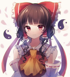 Rule 34 | 1girl, alternate hairstyle, ascot, bare shoulders, blunt bangs, blurry, bow, breasts, brown hair, closed mouth, depth of field, detached sleeves, falling petals, frilled hair tubes, frilled shirt collar, frills, hair bow, hair tubes, hakurei reimu, highres, light smile, long hair, looking at viewer, medium breasts, moshihimechan, orb, petals, red bow, red eyes, red vest, ribbon-trimmed sleeves, ribbon trim, short hair, short hair with long locks, sidelocks, simple background, solo, touhou, upper body, vest, wavy hair, white background, yellow ascot, yin yang, yin yang orb