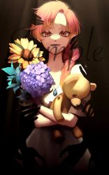 Rule 34 | 1girl, artist request, black background, braid, braided ponytail, brown eyes, brown hair, check artist, commentary request, flower, highres, holding, holding stuffed toy, hydrangea, jewelry, kamato il, long hair, looking at viewer, necklace, original, parted lips, purple flower, smile, solo, stuffed animal, stuffed toy, sunflower, teddy bear, upper body, yellow flower