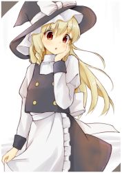 Rule 34 | 1girl, :o, apron, apron hold, blonde hair, blush, bow, braid, drill, hand on own cheek, hand on own face, hat, hat bow, highres, kirisame marisa, long hair, long sleeves, looking at viewer, parted lips, red eyes, single braid, skirt, solo, touhou, vest, waist apron, white background, white bow, witch hat, yamabukiiro (browncat)