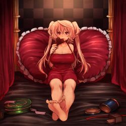 Rule 34 | 1girl, barefoot, bed, blonde hair, blush, breasts, candy, chocolate, chocolate heart, cleavage, eating, elsie-san (oshiruko), fang, feet, food, frilled pillow, frills, heart, heart-shaped pillow, large breasts, legs, lollipop, long hair, looking at viewer, nightgown, on bed, original, oshiruko (tsume), pillow, red eyes, ribbon, sitting, solo, tsurime, two side up, very long hair