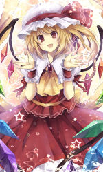 Rule 34 | 1girl, blonde hair, brooch, brown eyes, female focus, flandre scarlet, hagiwara rin, hat, jewelry, jpeg artifacts, open mouth, outstretched hand, red eyes, short hair, side ponytail, smile, solo, embodiment of scarlet devil, touhou, wings, wrist cuffs, wristband