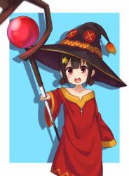 Rule 34 | 1girl, :d, black hair, black hat, blue background, blush, child, collarbone, commentary request, cosplay, dress, feet out of frame, hair ornament, hat, highres, holding, holding staff, kiona (giraffe kiona), komekko, kono subarashii sekai ni shukufuku wo!, looking at viewer, megumin, megumin (cosplay), open mouth, red dress, red eyes, short hair, smile, solo, staff, standing, star (symbol), star hair ornament, white background, witch hat