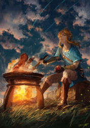 Rule 34 | 1boy, apple, blonde hair, boots, campfire, cloud, cooking, crate, dark, dusk, earrings, egg, fingerless gloves, fire, food, fruit, gloves, grass, highres, jewelry, ladle, link, long hair, male focus, meat, nintendo, pointy ears, pouch, sack, shooting star, signature, sitting, sky, solo, the legend of zelda, the legend of zelda: breath of the wild, you shimizu