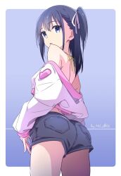 Rule 34 | 1girl, ass, black hair, blue background, blue eyes, blue shorts, border, commentary request, cowboy shot, cropped jacket, dated, denim, denim shorts, from behind, hair ribbon, halterneck, highres, jacket, long hair, long sleeves, looking at viewer, looking back, monai-chan (nii manabu), nii manabu, off shoulder, one side up, original, outside border, parted lips, ribbon, shorts, sidelocks, signature, solo, white border, white jacket, white ribbon