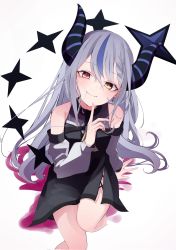 Rule 34 | 1girl, arm support, black skirt, blue hair, blush, closed mouth, collar, commentary request, corrupted twitter file, demon girl, demon horns, detached sleeves, dress, feet out of frame, finger to face, grey hair, hair between eyes, head tilt, highres, hololive, horns, la+ darknesss, long hair, looking at viewer, metal collar, motoi (croa76), multicolored hair, short dress, sitting, skirt, sleeveless, sleeveless dress, smile, solo, streaked hair, striped horns, virtual youtuber, yellow eyes