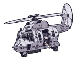 Rule 34 | 1girl, ahoge, aircraft, black hair, blue eyes, closed mouth, commission, flying, gun, helicopter, holding, holding gun, holding weapon, karepack, original, simple background, smile, solo, vehicle focus, virtual youtuber, weapon, white background
