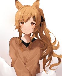 Rule 34 | 1girl, absurdres, animal ears, arknights, black bow, blush, bow, brown eyes, brown hair, brown shirt, ceobe (arknights), dog ears, gupipy, hair bow, hair ornament, hairclip, highres, looking at viewer, pajamas, ponytail, shirt, simple background, smile, solo, upper body, white background
