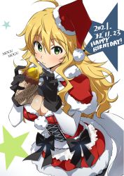 Rule 34 | 1girl, absurdres, black gloves, blonde hair, blush, breasts, cleavage, closed mouth, corset, food, gloves, green eyes, happy birthday, hat, highres, holding, holding food, hoshii miki, idolmaster, idolmaster (classic), large breasts, long hair, looking at viewer, red hat, santa hat, solo, tokiani