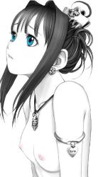 Rule 34 | 1girl, armband, blue eyes, breasts, charm, collarbone, comb, earrings, female focus, jewelry, looking away, looking up, necklace, nipples, nude, original, parted lips, partially colored, short hair, simple background, small breasts, solo, upper body, white background