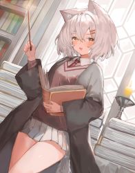 Rule 34 | 1girl, :d, animal ears, book, book stack, bookshelf, candle, candlestand, grey hair, harry potter: magic awakened, harry potter (series), highres, holding, holding book, long sleeves, looking at viewer, miniskirt, open clothes, open mouth, open robe, orange eyes, original, pleated skirt, robe, short hair, skirt, smile, sorotu, sweater, tail, wand, wide sleeves, wizarding world