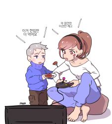 Rule 34 | 1boy, 1girl, aged down, alternate hairstyle, artist name, bad id, bad twitter id, barefoot, blue eyes, blue sweater, brown eyes, brown hair, brown pants, controller, d.va (overwatch), eyebrows, facepaint, facial mark, food, fork, game controller, gamepad, grey hair, hairband, highres, korean text, off-shoulder shirt, off shoulder, open mouth, overwatch, overwatch 1, pants, panza, plate, playing games, pocket, ponytail, ribbed sweater, role reversal, scar, shirt, short hair, simple background, sitting, soldier: 76 (overwatch), sweatdrop, sweater, swept bangs, television, translated, whisker markings, white background, white shirt