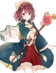 Rule 34 | 1girl, atelier (series), atelier sophie, bad id, bad pixiv id, bonnet, book, bow, brown eyes, brown hair, coat, corset, cowboy shot, dress, female focus, green bow, kuran (yourcatissick), red dress, short hair, smile, solo, sophie neuenmuller, staff, white background
