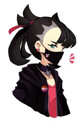 Rule 34 | 1girl, alternate costume, badge, black choker, black hair, black jacket, blush, choker, commentary, creatures (company), earrings, eyelashes, game freak, green eyes, hair ribbon, highres, jacket, jewelry, lesbian flag, looking at viewer, marnie (marnielovesyou), marnie (pokemon), mask, medium hair, mouth mask, nintendo, notice lines, open clothes, open jacket, pink shirt, pokemon, pokemon swsh, red ribbon, ribbon, shirt, simple background, solo, upper body, white background, zipper