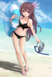 Rule 34 | 10s, 1girl, absurdres, beach, bikini, black bikini, brown hair, chamu (chammkue), cloud, crescent, crescent pin, day, diving mask, diving mask removed, front-tie top, full body, goggles, hair ornament, highres, innertube, kantai collection, kisaragi (kancolle), long hair, looking at viewer, navel, open mouth, outdoors, purple eyes, sandals, side-tie bikini bottom, sky, snorkel, solo, standing, swim ring, swimsuit, twitter username