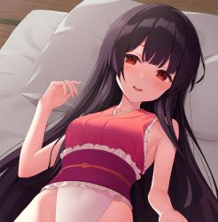 Rule 34 | 1girl, alternate costume, bare shoulders, belt, black hair, blush, breasts, carpet, collarbone, commentary request, eyes visible through hair, fingernails, frills, futon, hand up, houraisan kaguya, indoors, kanpa (campagne 9), long fingernails, long hair, looking at viewer, lying, medium breasts, on back, one-piece swimsuit, open mouth, pillow, pink one-piece swimsuit, purple belt, red eyes, smile, solo, swimsuit, teeth, tongue, touhou, touhou tag dream, white one-piece swimsuit