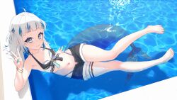 Rule 34 | 1girl, :3, absurdres, afloat, ahoge, barefoot, bikini, bikini under shorts, black shorts, blue eyes, blue hair, blue nails, blunt bangs, bracelet, breasts, closed mouth, collarbone, dot nose, feet, fingernails, fins, fish tail, full body, gawr gura, grey hair, hair ornament, highleg, highleg bikini, highres, hololive, hololive english, hololive summer 2023 swimsuit, jewelry, legs, light blush, looking at viewer, lucasyecla99, medium hair, multicolored hair, nail polish, navel, official alternate costume, pool, shark girl, shark hair ornament, shark tail, shorts, sidelocks, small breasts, solo, stomach, streaked hair, striped bikini, striped clothes, swimsuit, tail, thigh strap, toenail polish, toenails, toes, two side up, v, virtual youtuber, water