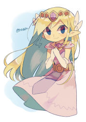 Rule 34 | 1girl, artist name, belt, blonde hair, blue eyes, blush, closed mouth, commentary request, floating hair, full body, gloves, grey gloves, hair ornament, highres, holding, jewelry, long hair, multicolored hair, necklace, nintendo, pink skirt, pointy ears, princess zelda, simple background, skirt, skirt hold, smile, solo, the legend of zelda, the legend of zelda: the wind waker, tiara, tokuura, toon zelda