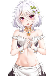 Rule 34 | 1girl, absurdres, highres, kokkoro (princess connect!), maid, navel, pointy ears, princess connect!, purple eyes, solo, white background, white hair
