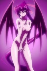 Rule 34 | 10s, 1girl, antenna hair, breasts, covering privates, covering crotch, female focus, fingernails, groin, hair between eyes, hair ornament, hair ribbon, high school dxd, highres, himejima akeno, hip focus, large breasts, legs, long hair, long image, looking at viewer, nipples, nude, open mouth, ponytail, purple background, purple eyes, purple hair, ribbon, screencap, shiny skin, simple background, smile, solo, standing, stitched, straight hair, tall image, thighs, third-party edit, very long hair, wings